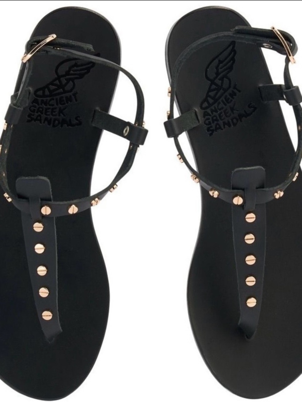 Ancient Greek Sandals Black Leather T-Strap Sandals with Gold Studs